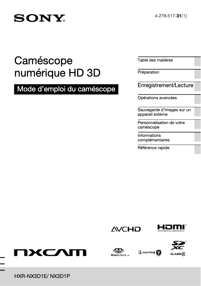 Page 1 de la notice Manuel utilisateur Sony HXR-NX3D1E