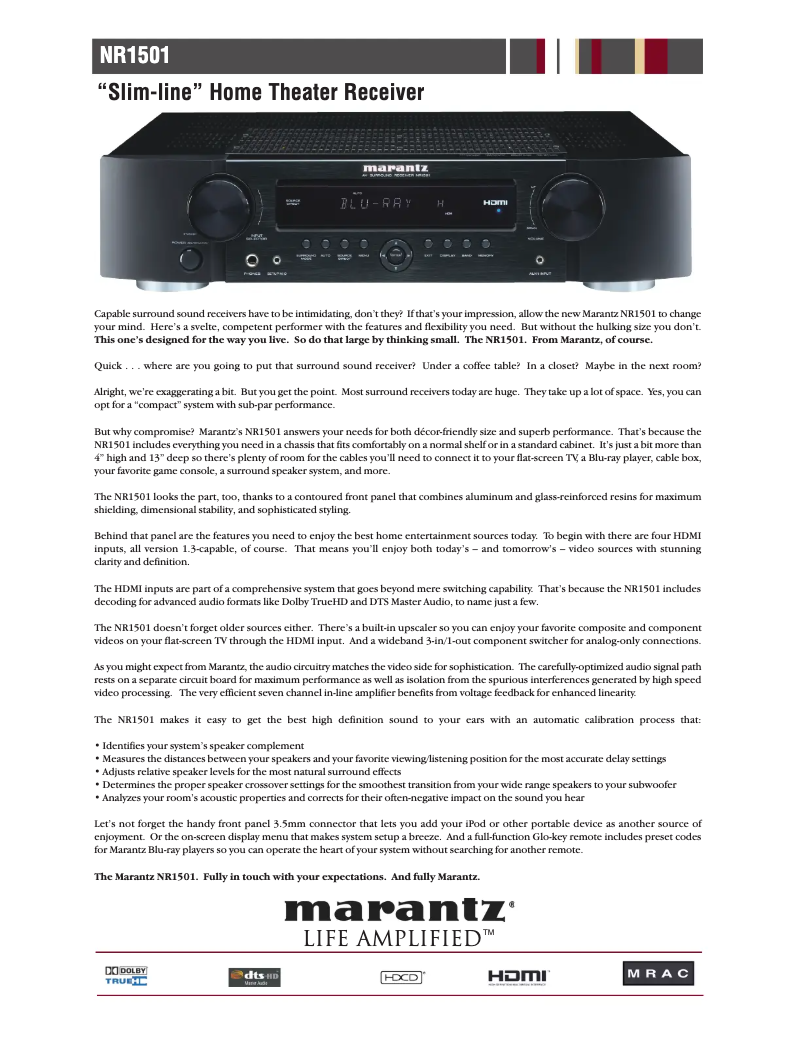 Page 1 de la notice Fiche technique Marantz NR1501