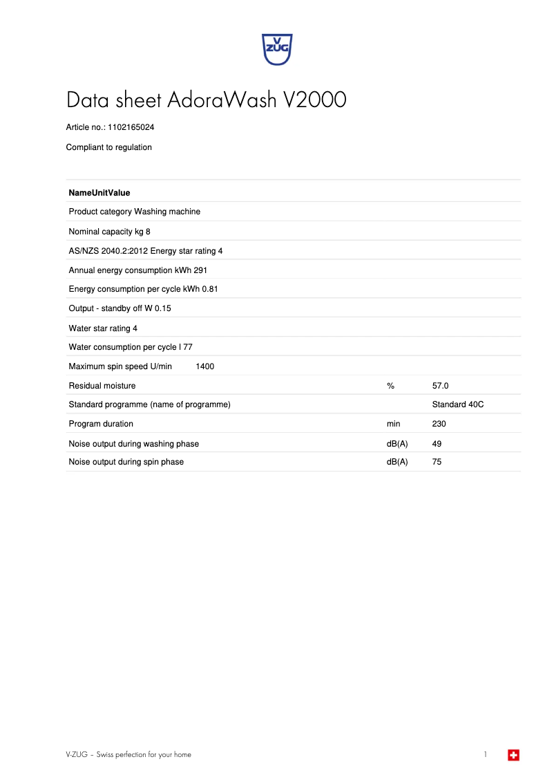 Page 1 de la notice Fiche technique V-Zug AdoraWash V2000