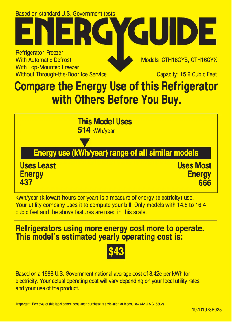 Page 1 de la notice Label énergétique Hotpoint CTH16CYBRWW