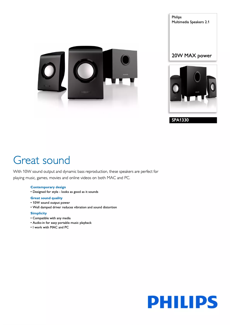 Page 1 de la notice Brochure Philips SPA1330