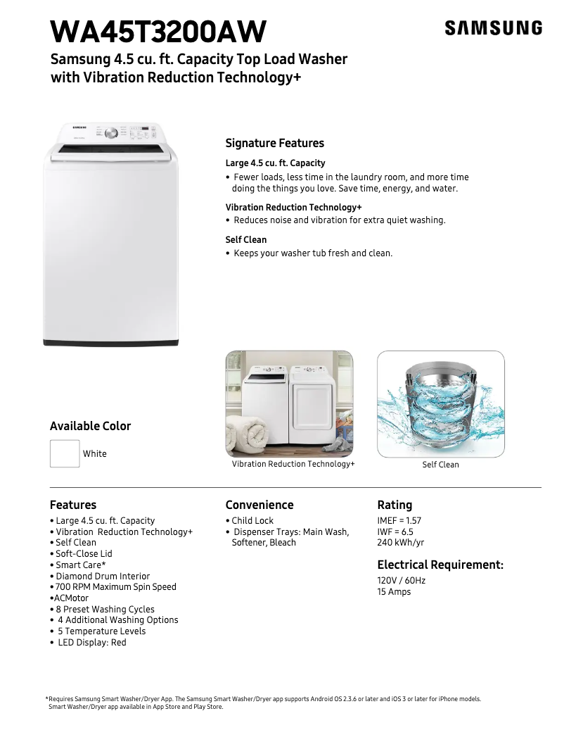 Page 1 de la notice Fiche technique Samsung WA45T3200AW
