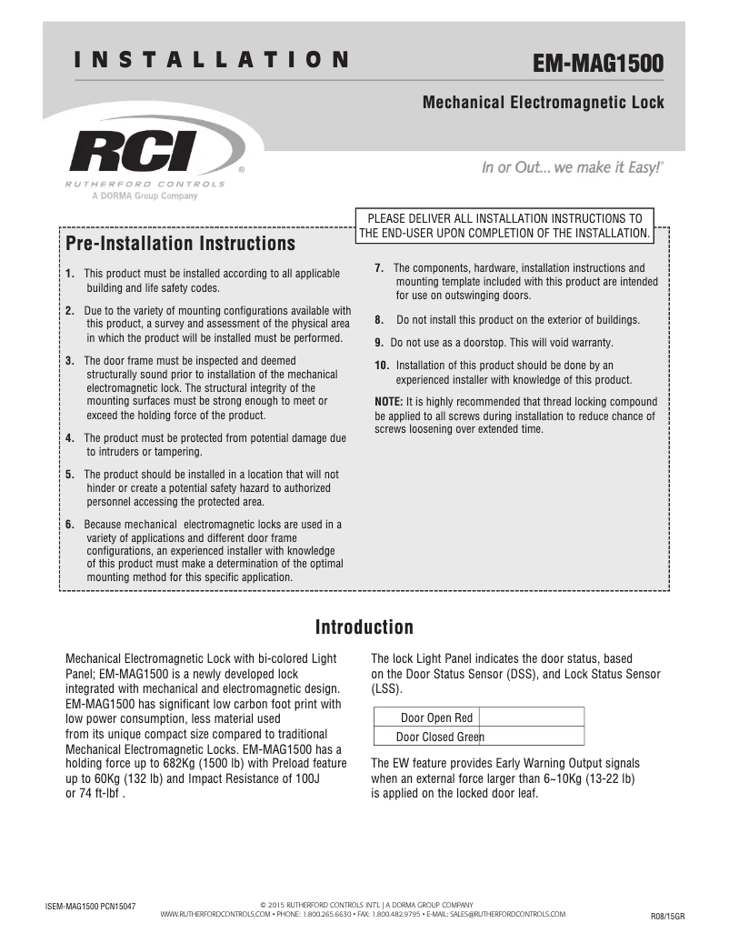 Page 1 de la notice Manuel utilisateur Dormakaba RCI EM-MAG1500