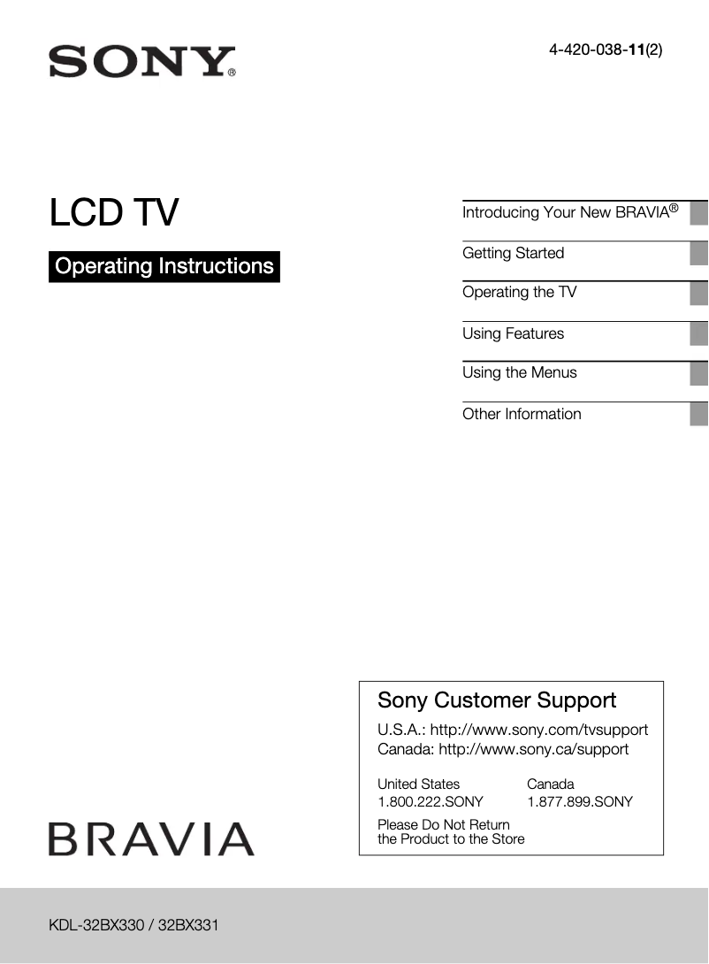 Page 1 de la notice Manuel utilisateur Sony Bravia KDL-32BX331