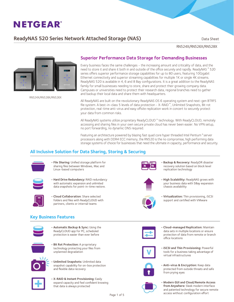 Page 1 de la notice Fiche technique Netgear ReadyNAS R524X