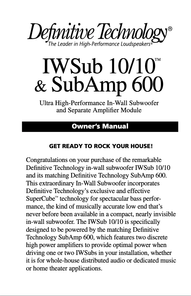 Page 1 de la notice Manuel utilisateur Definitive Technology IWSub Reference