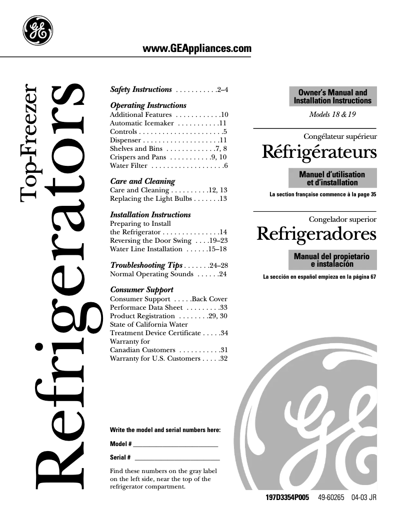 Page n°1 - Guide d'installation GE GTS19QBPWW