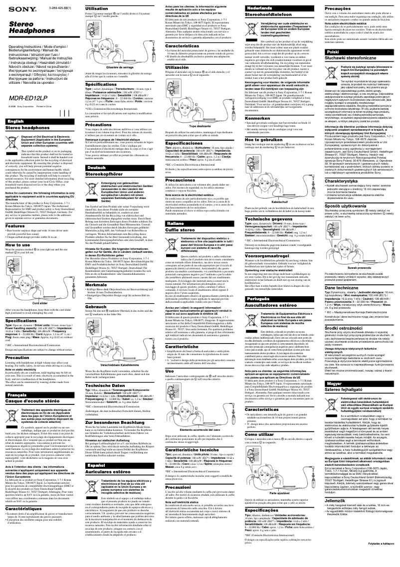 Page n°1 - Manuel utilisateur Sony MDR-ED12LP
