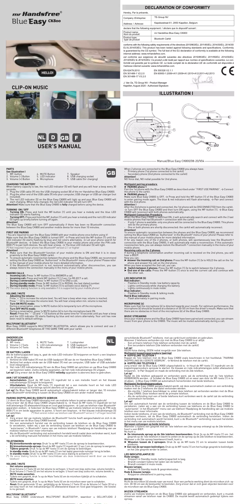 Page 1 de la notice Manuel utilisateur Mr. Handsfree Blue Easy CK800