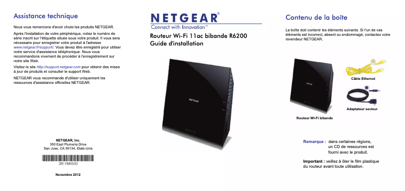 Page 1 de la notice Guide d'installation Netgear R6200