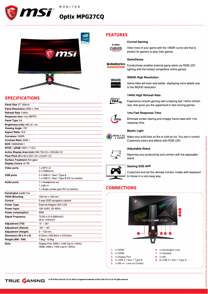 Page n°1 - Fiche technique MSI Optix MPG27CQ