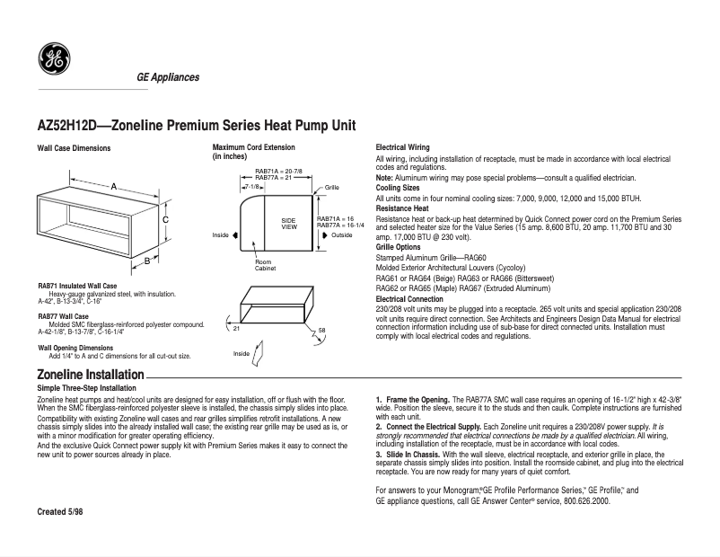 Page 1 de la notice Fiche technique GE AZ52H12DAB