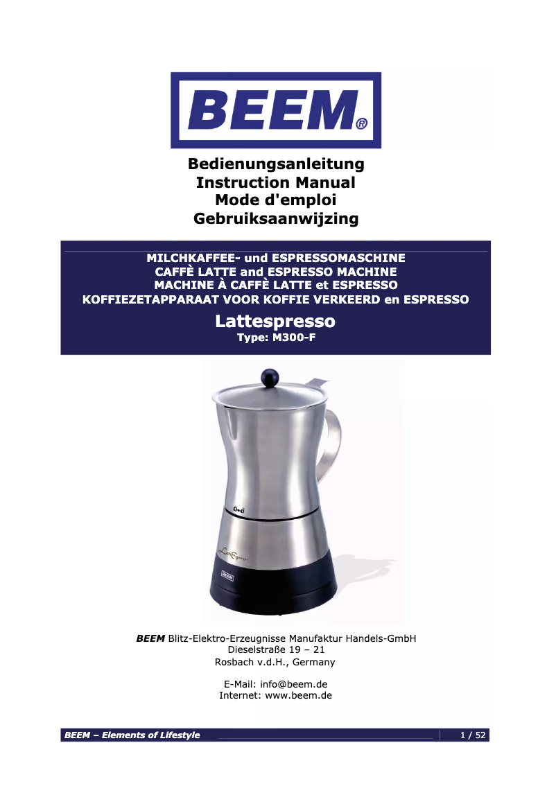 Page 1 de la notice Manuel utilisateur BEEM Lattespresso V2 Superior