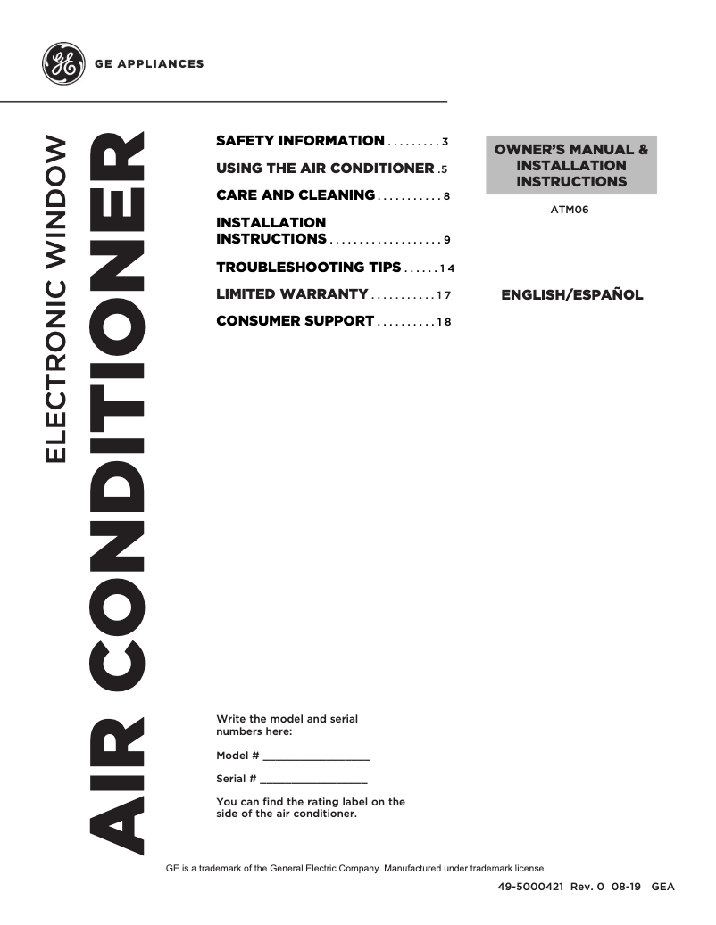 Page 1 de la notice Manuel d'utilisation et d'entretien GE ATM06LZ