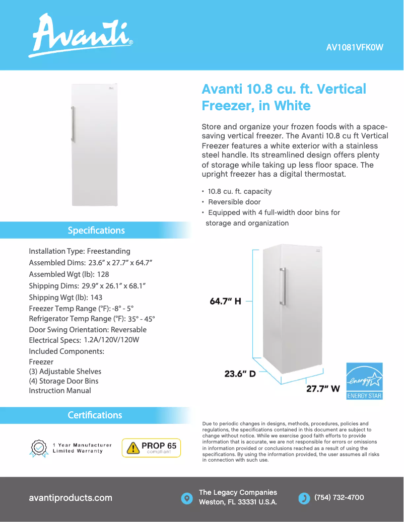 Page 1 de la notice Fiche technique Avanti AV1081VFK0W