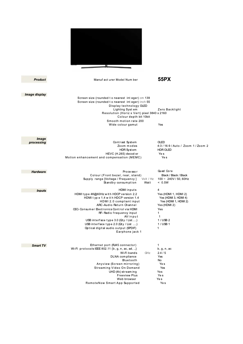 Page 1 de la notice Fiche technique Hisense 55PX