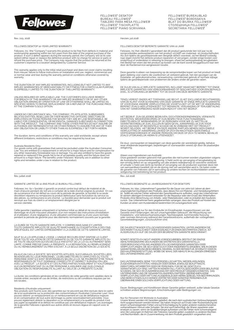 Page n°1 - Informations de garantie Fellowes Desktop