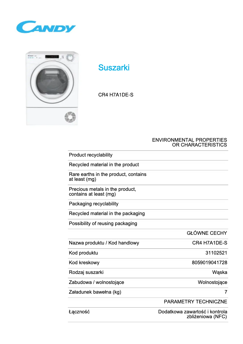Page 1 de la notice Fiche technique Candy CR4 H7A1DE-S