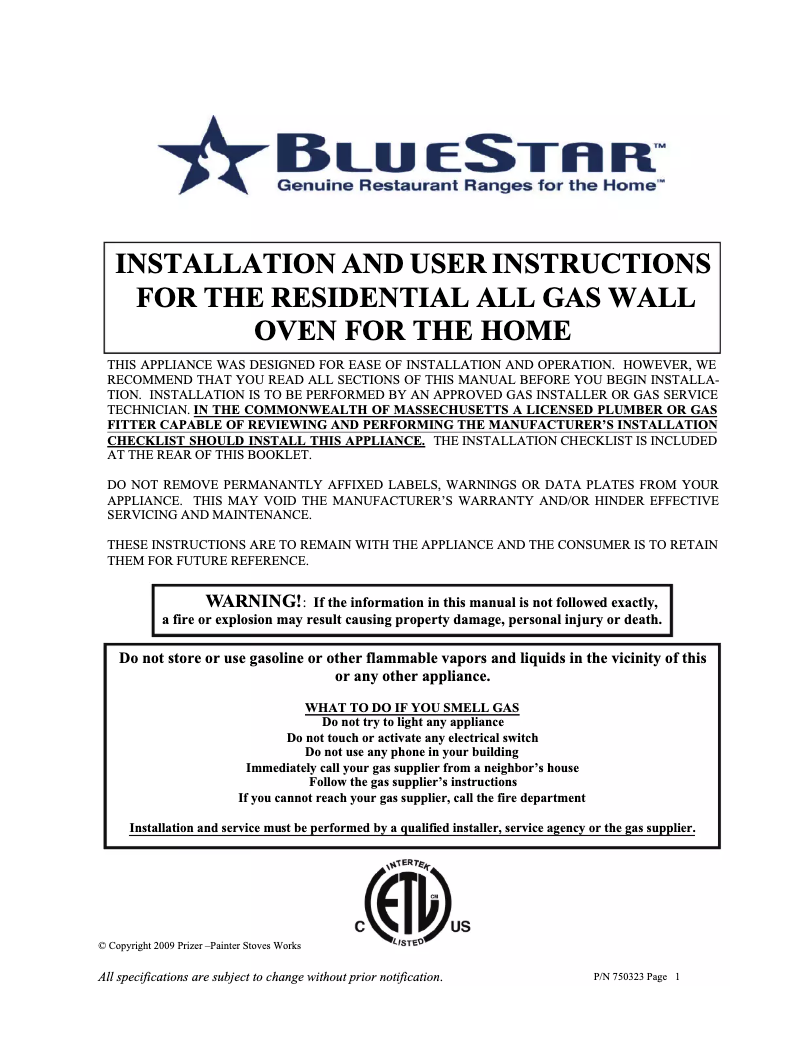 Page 1 de la notice Manuel utilisateur BlueStar BWO24AGSHL
