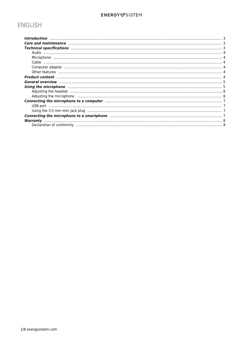 Page 1 de la notice Manuel utilisateur Energy Sistem Headset Office 3