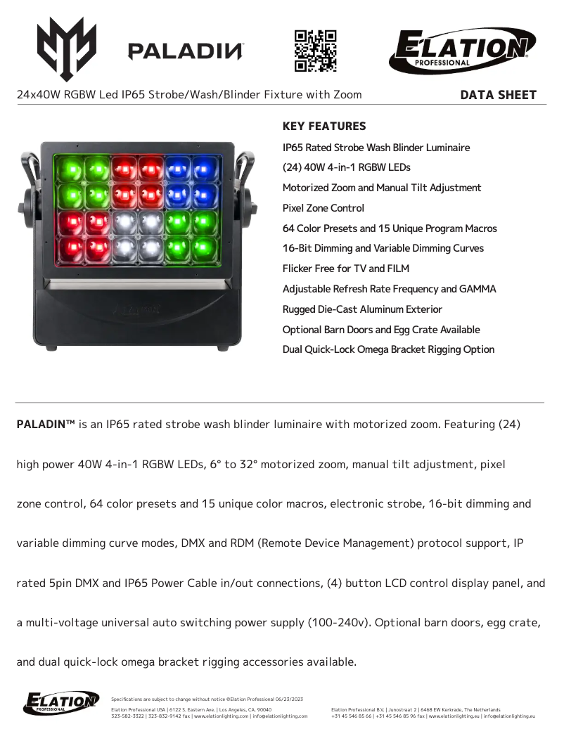 Page 1 de la notice Fiche technique Elation Paladin