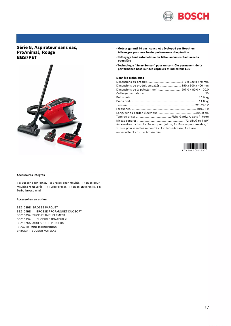 Page 1 de la notice Fiche technique Bosch Serie 8 Relaxx'x Ultimate BGS7PET