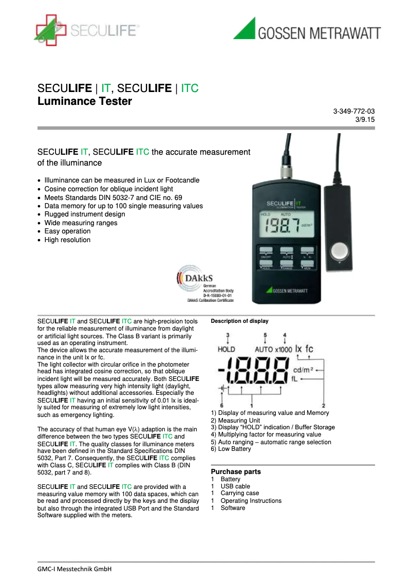 Page 1 de la notice Fiche technique Gossen Metrawatt SECULIFE IT