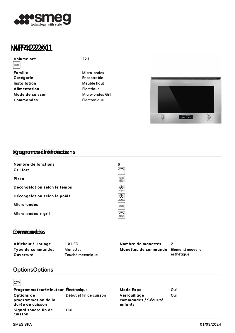 Page 1 de la notice Fiche technique Smeg MP422X1