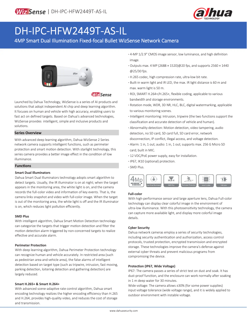 Page 1 de la notice Fiche technique Dahua Technology IPC-HFW2449T-AS-IL