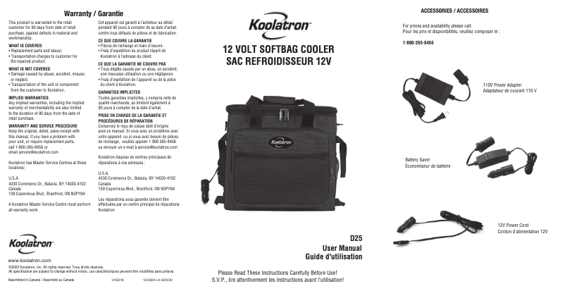 Page 1 de la notice Manuel utilisateur Koolatron D25