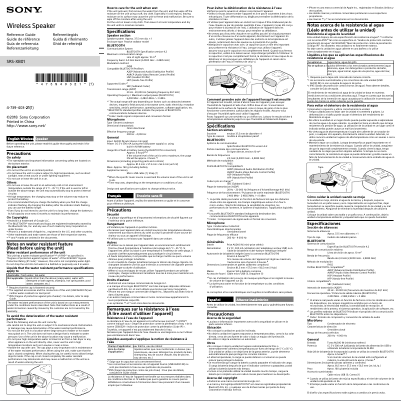 Page 1 de la notice Manuel utilisateur Sony SRS-XB01