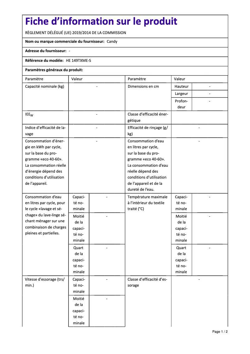 Page 1 de la notice Manuel utilisateur Candy HE 149TXME-S