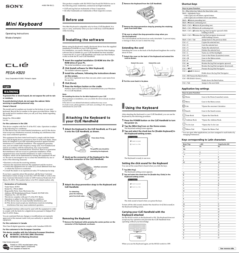 Page 1 de la notice Manuel utilisateur Sony Clié PEGA-KB20