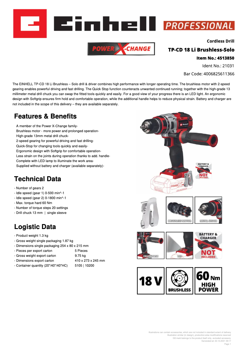Page n°1 - Fiche technique Einhell TP-CD 18 Li BL-Solo