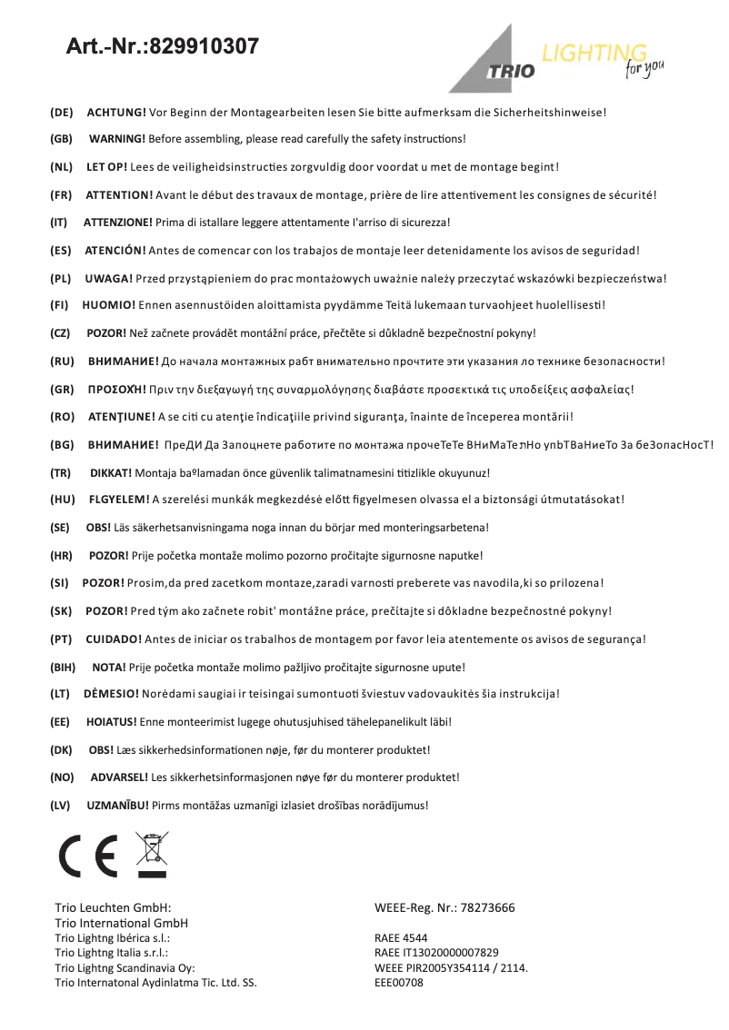 Page 1 de la notice Manuel utilisateur Trio Lighting Havanna 829910307