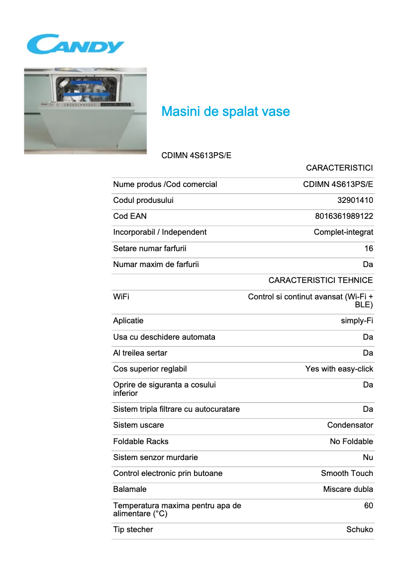 Page 1 de la notice Fiche technique Candy CDIMN 4S613PS/E