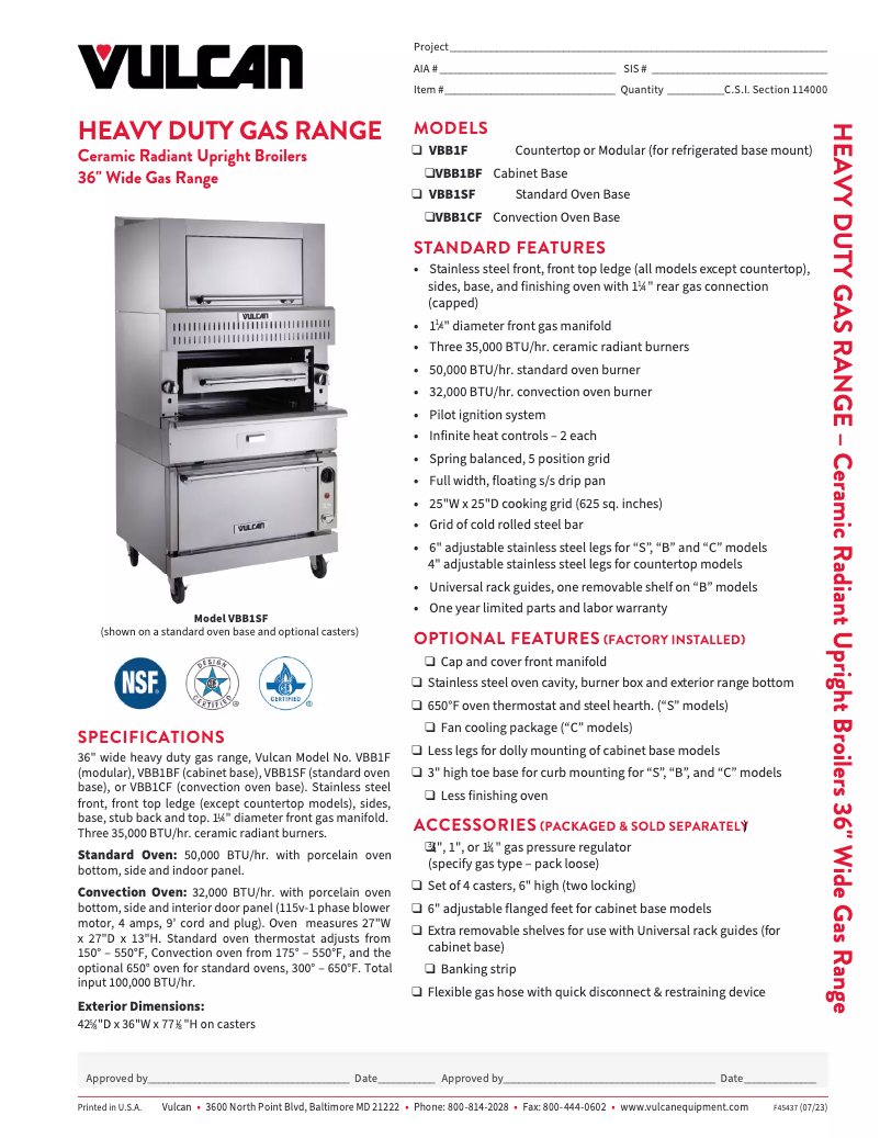 Page 1 de la notice Fiche technique Vulcan VBB1SF