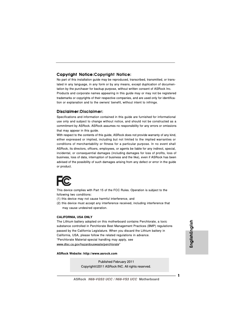 Page 1 de la notice Manuel utilisateur Asrock N68-VS3 UCC