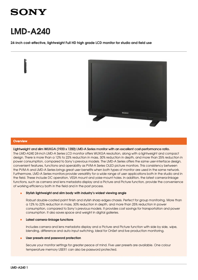 Page 1 de la notice Brochure Sony LMD-A240