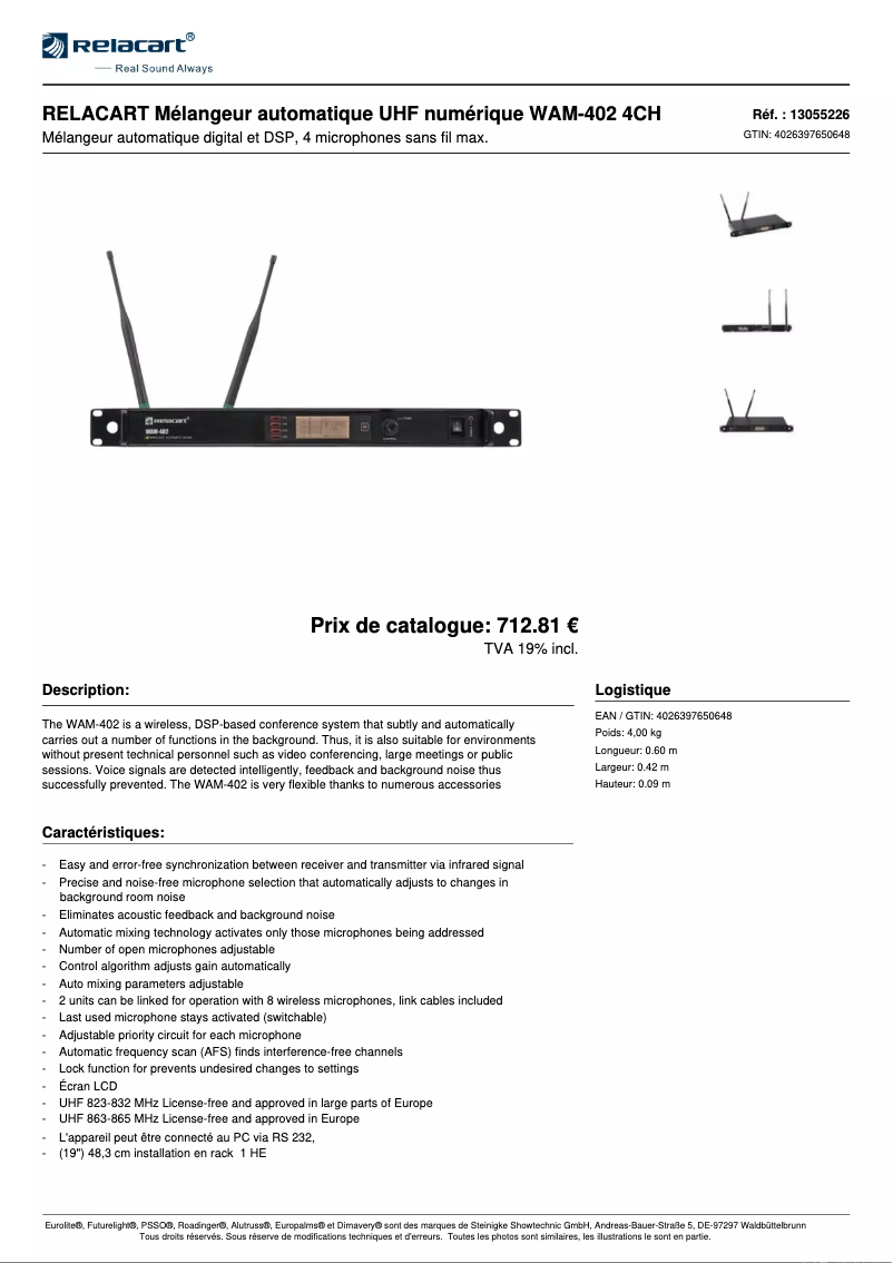 Page 1 de la notice Fiche technique Relacart WAM-402