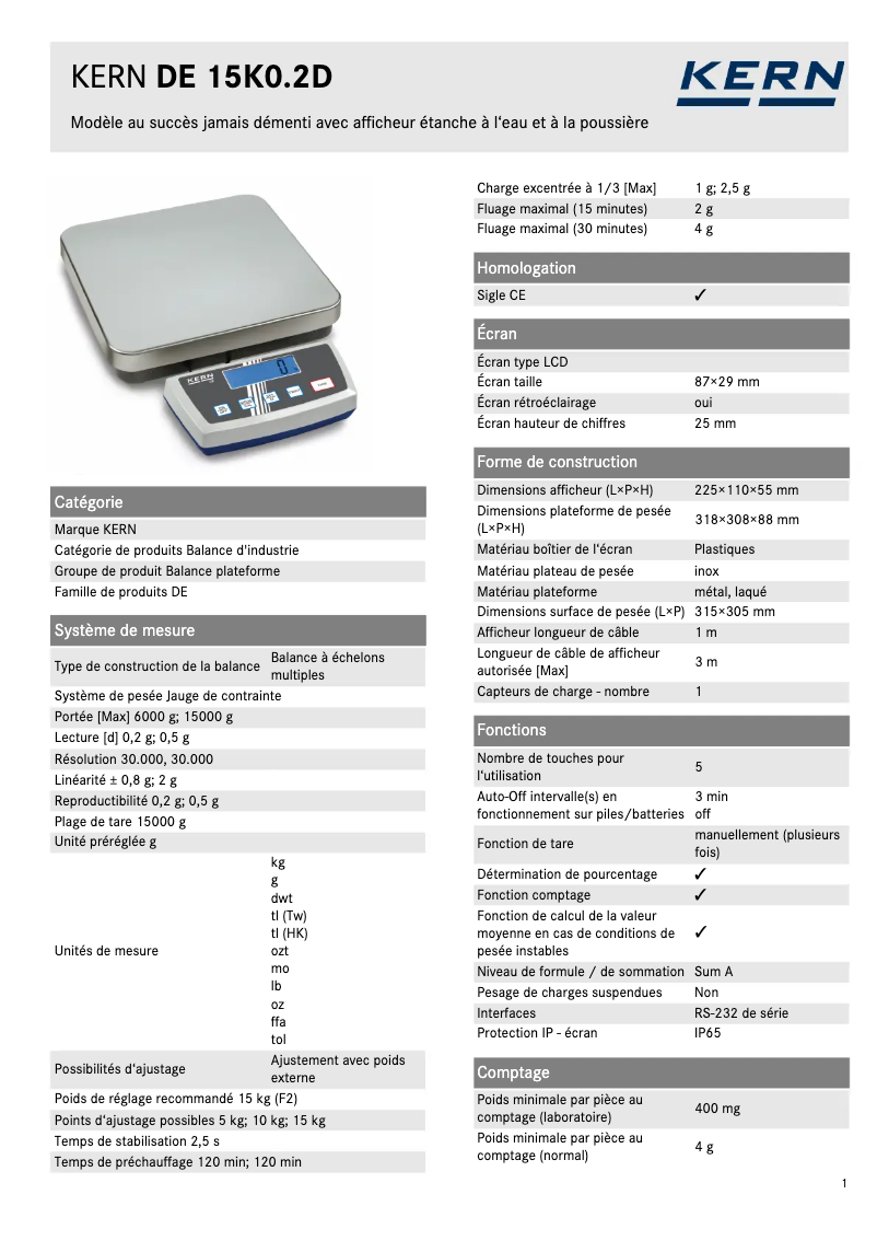 Page 1 de la notice Fiche technique Kern DE 15K0.2D