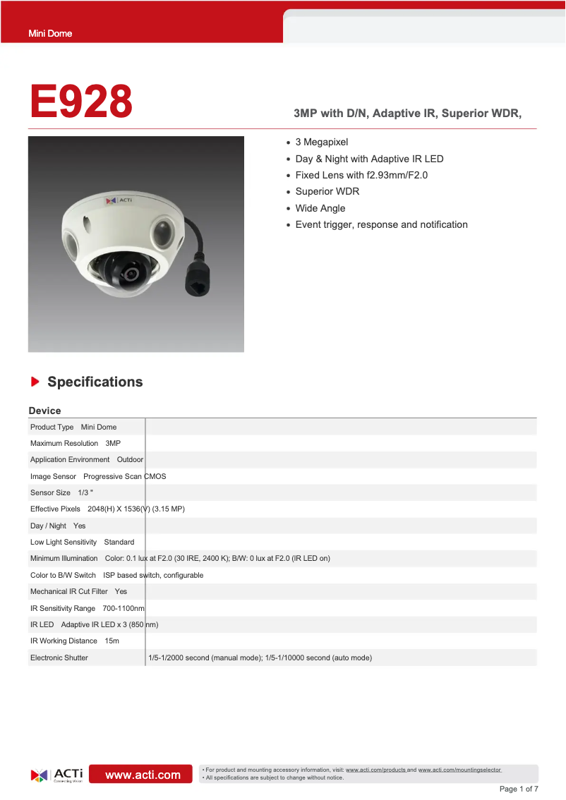 Page 1 de la notice Fiche technique ACTi E928