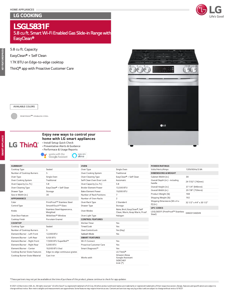 Page 1 de la notice Fiche technique LG LSGL5831F