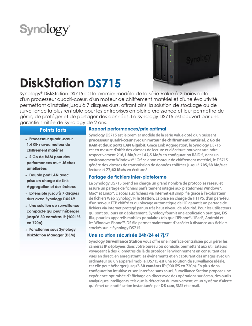 Page 1 de la notice Fiche technique Synology DiskStation DS715