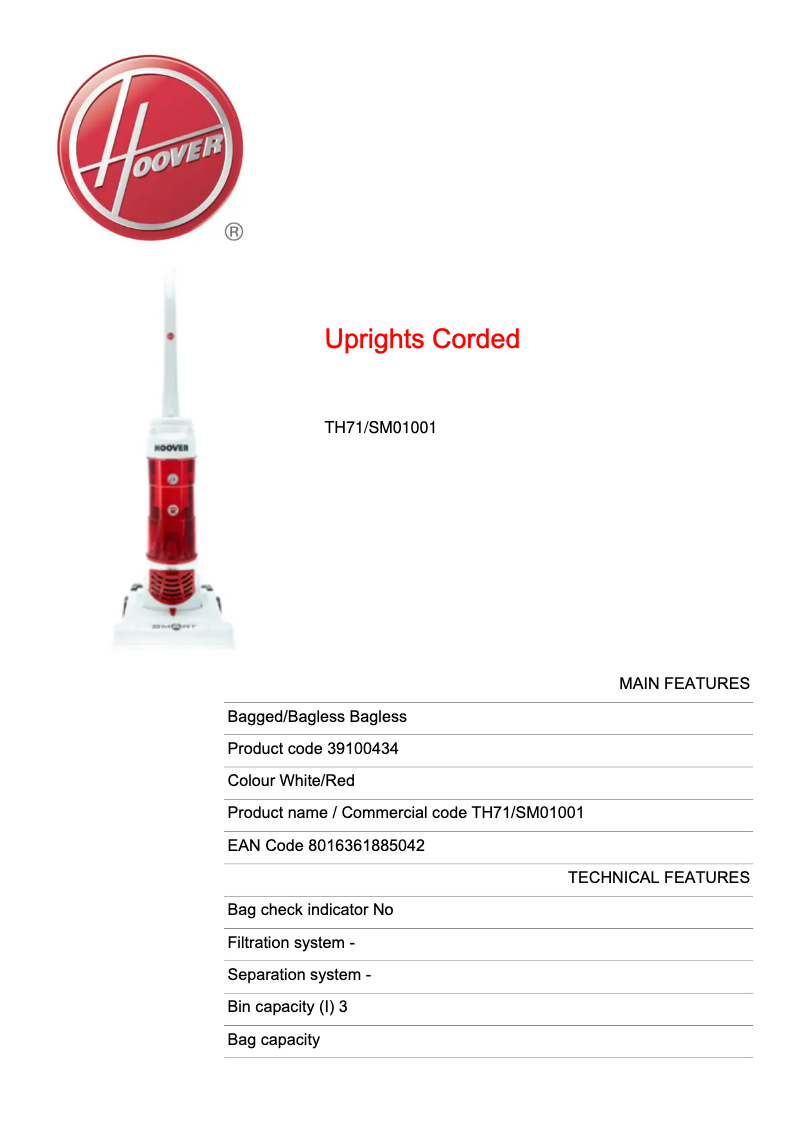 Page 1 de la notice Fiche technique Hoover Smart TH71/SM01001