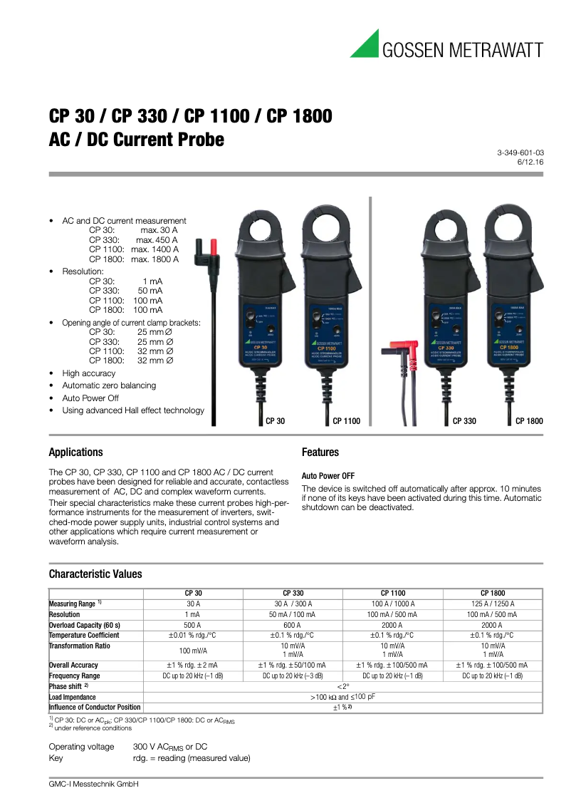 Page 1 de la notice Fiche technique Gossen Metrawatt CP 30