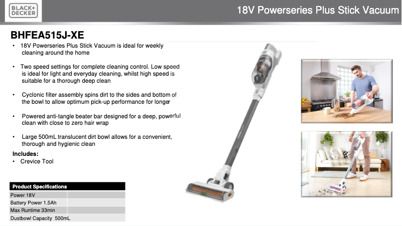 Page 1 de la notice Fiche technique Black & Decker BHFEA515J