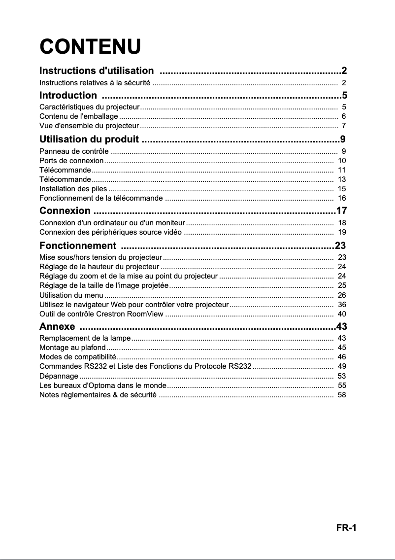 Page n°1 - Manuel utilisateur Optoma FW5200