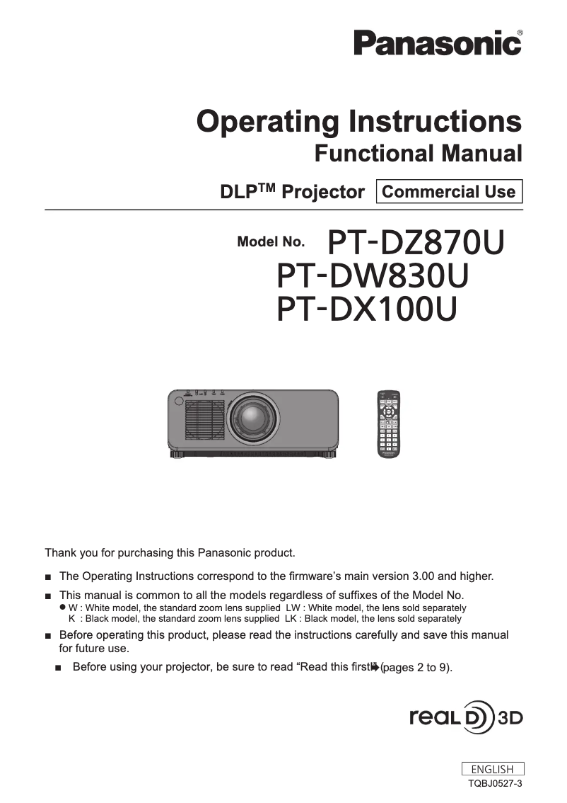 Page 1 de la notice Manuel utilisateur Panasonic PT-DZ870U