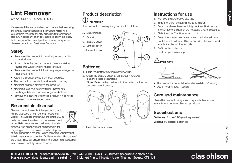 Page n°1 - Manuel utilisateur Clas Ohlson LR-008
